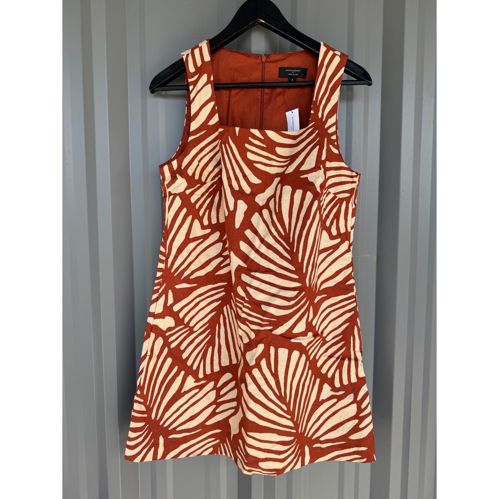 Banana Republic Linen Blend Leaf Print Square Neck Mini Dress Size S